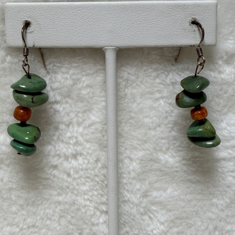 Green Turquoise Nugget Dangle Earrings Silver Tone Boho Southwestern Drop